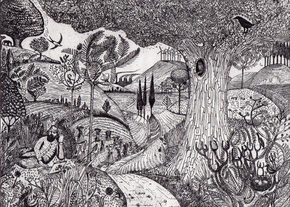 Man on a Laptop (after Samuel Palmer) etching by Kit Boyd