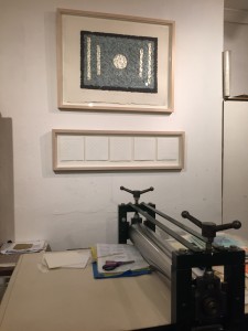 Visitors enjoy seeing the etching press which I use to emboss my collages.