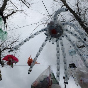 Mutant sea creatures made with recycled plastic waste by local children 