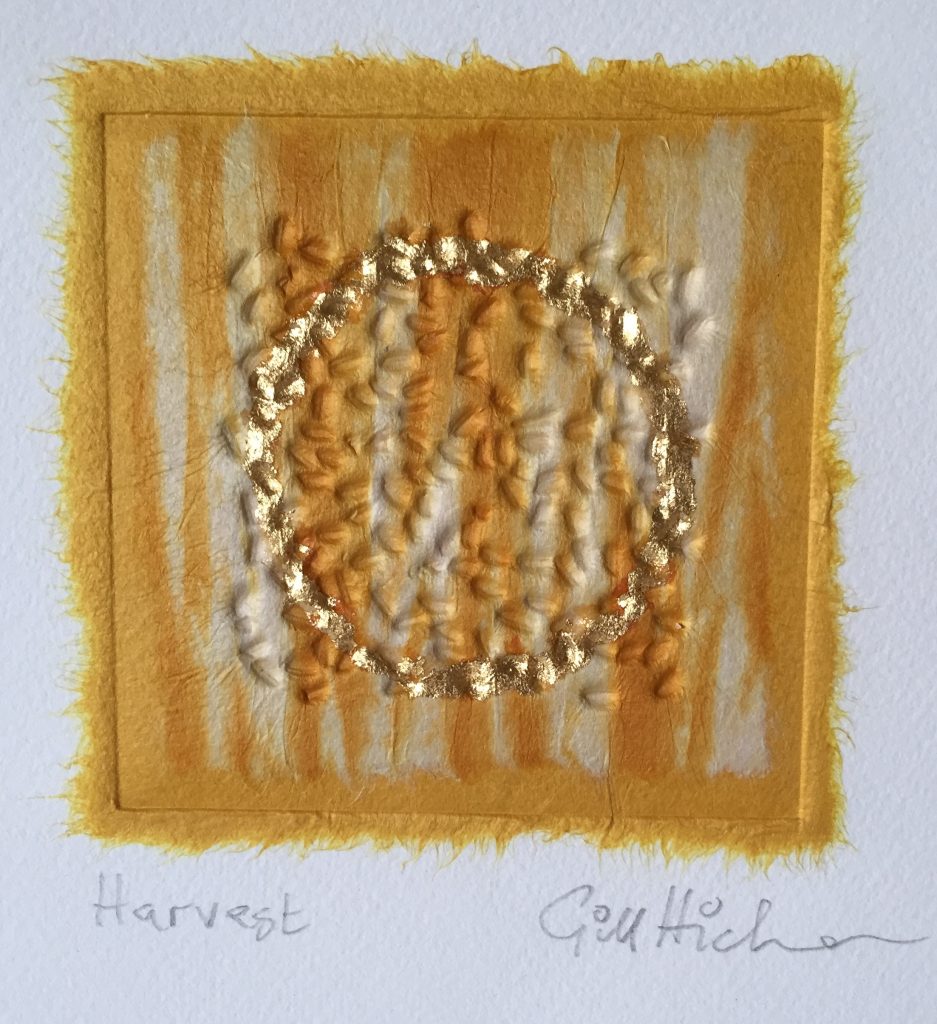 Textural artwork in yellow with a golden ring by Gill hickman